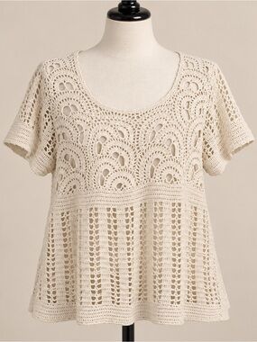 Cream Crochet Knit Short Sleeve Top Plus Size 1X